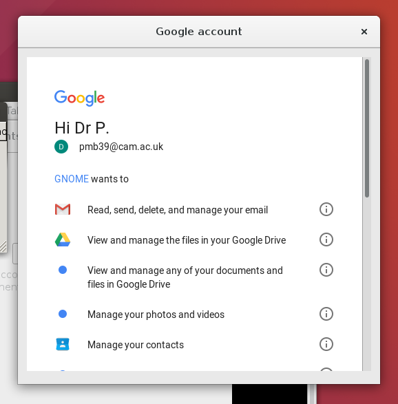 Allow GNOME access
						  to Google