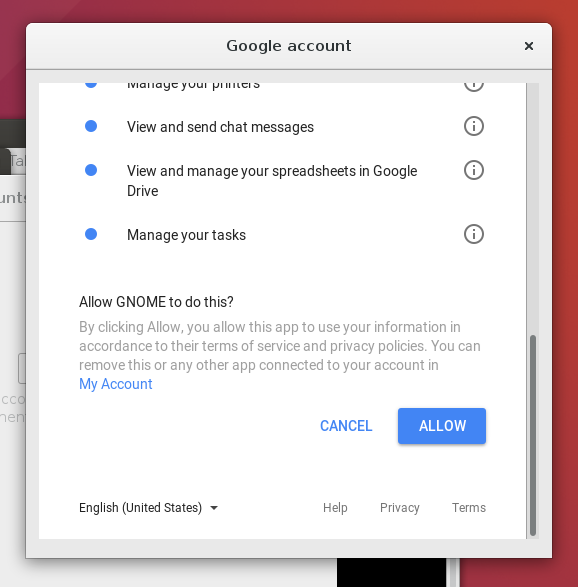 Allow GNOME access
						  to Google